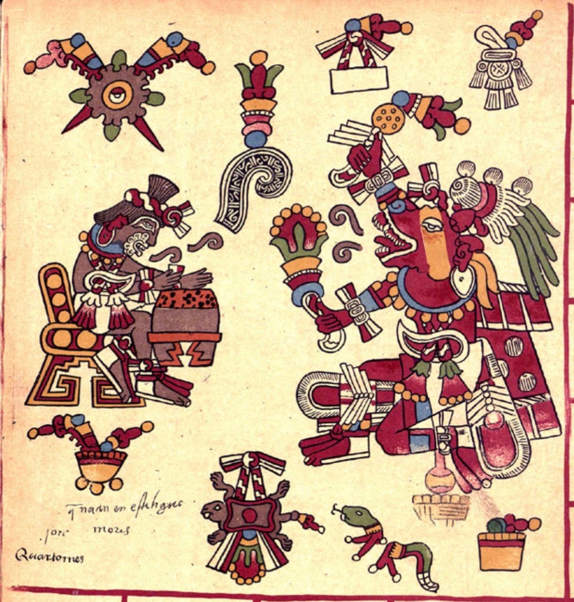 Codex Borbonicus plate 4 — Macuilxōchitl-Xōchipilli seated before a huēhuētl drum, striking its membrane with his hands, surrounded by ceremonial imagery